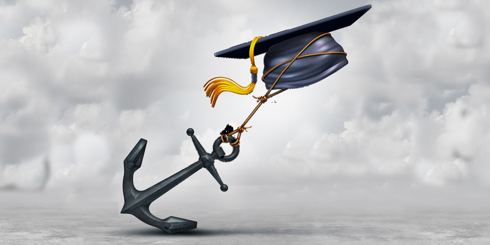 Graphic of a mortarboard hat taking flight, but weighed down by an anchor.