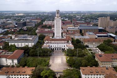 An aerial view of the main tower at the University of Texas at Austin during the coronavirus outbreak on March 23, 2020.